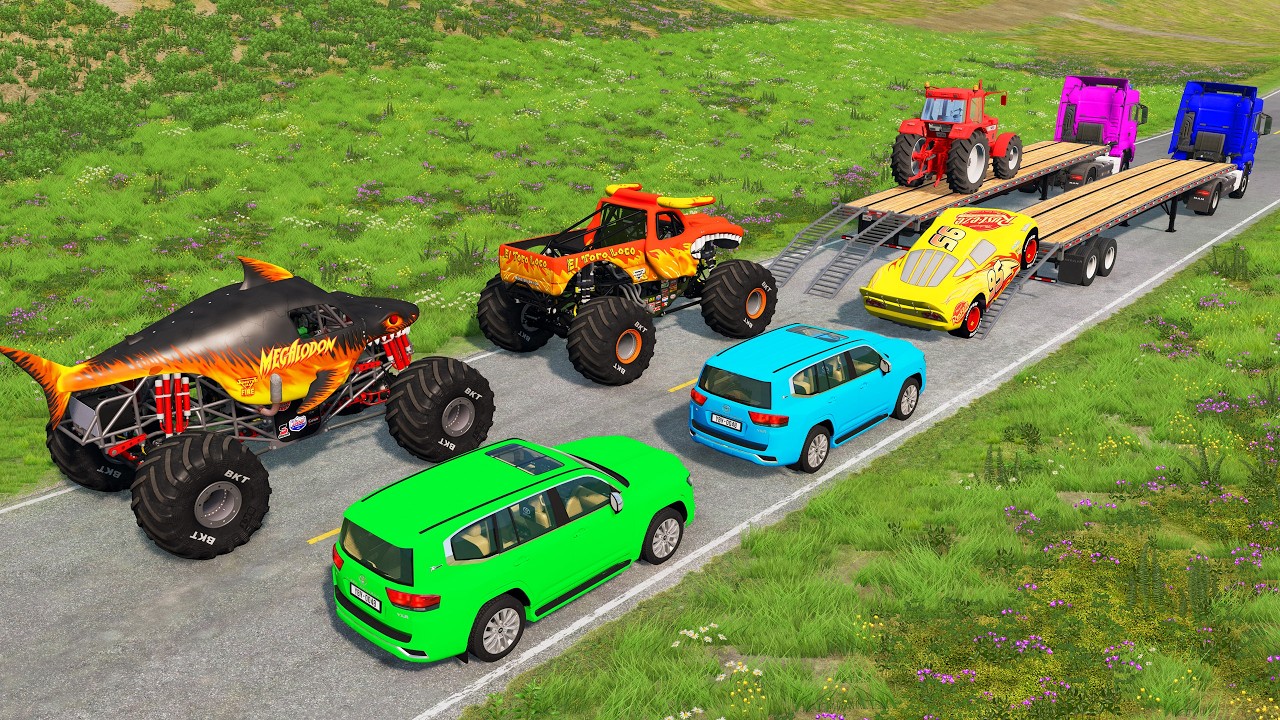 Flatbed Trailer McQueen & Monster Truck Transport | Cars vs Train and Low Bridge | BeamNG Drive #270