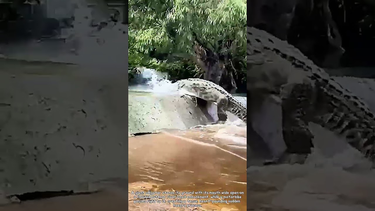 Alligator Threat on a Flooded River Road and Motorbike Travel Hazard Process #Alligator
