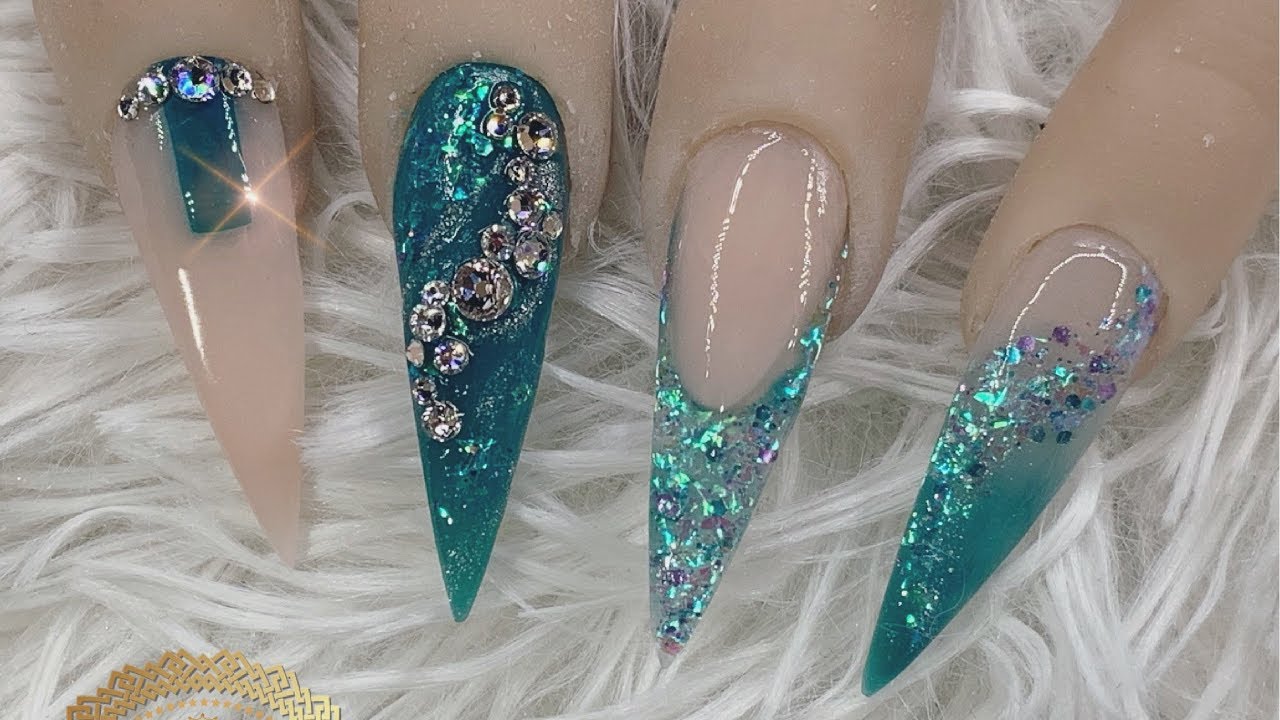 extreme acrylic colour block, glitter and Swarovski nails