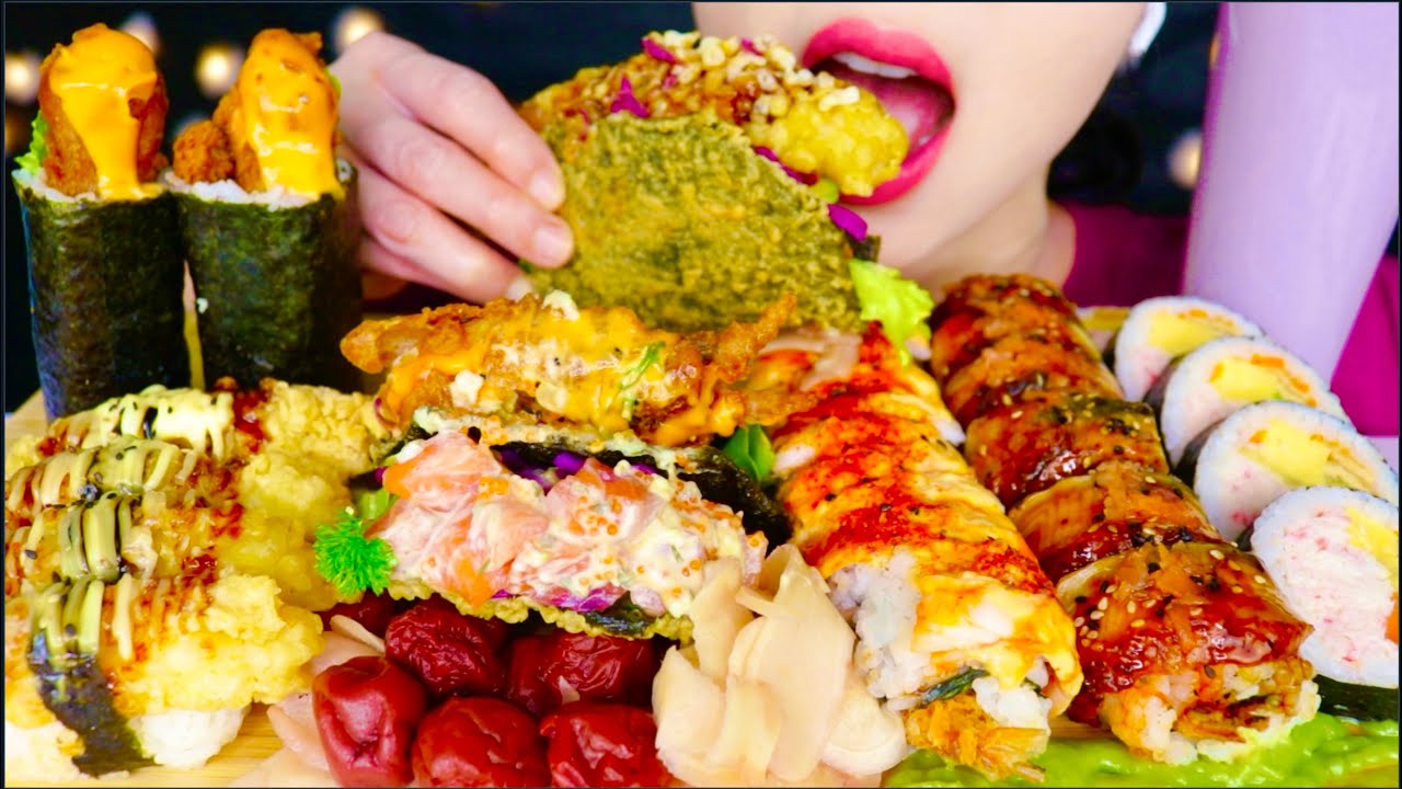 ASMR SUSHI FEAST, DRAGON ROLL, UNAGI ROLL, SEAWEED TACO, SHRIMP TEMPURA, TARO MILK TEA 咀嚼音 | 먹방