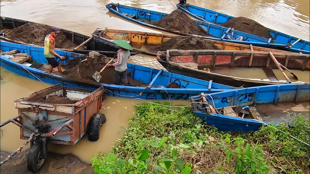 Proses pengisian pasir ke gerobak dan penarikan gerobak dengan mesin Dongfeng