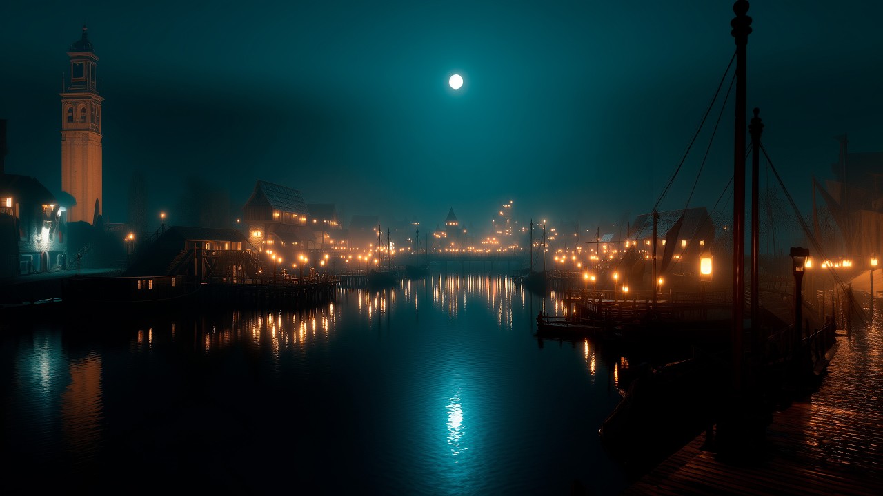 Fantasy Medieval Ambient | Harbor Town at Night 🌙 Calm Water & Medieval Port Ambience