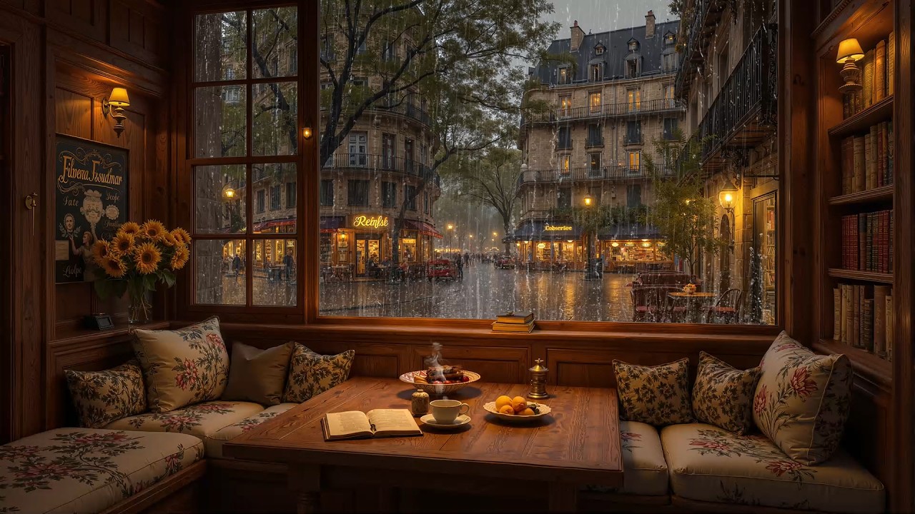 Cozy Jazz Cafe Music under Parisian Rainy Street 🌧️ Relaxing Jazz Ambience for Work, Relax