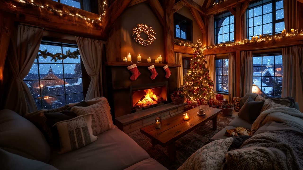 Crackling Fireplace & Snowfall 🔥❄️ | Cozy Christmas Cabin Night Ambience