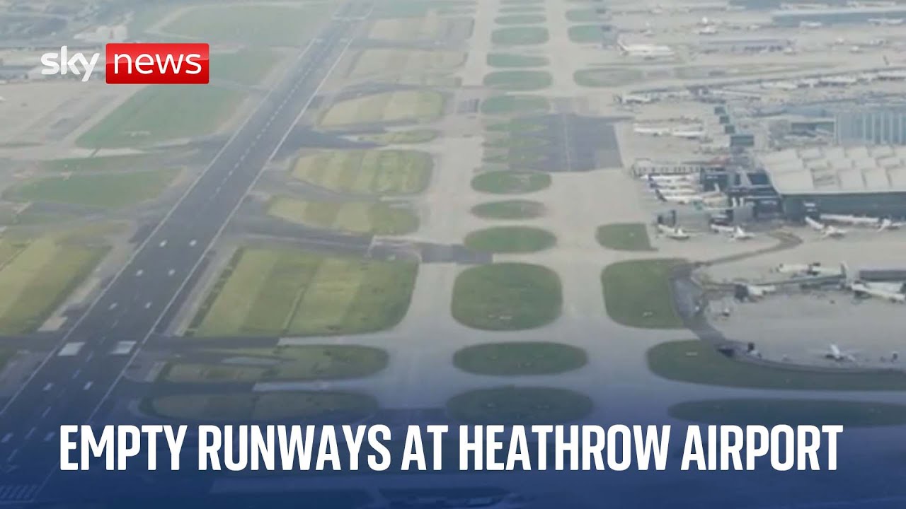 Empty runways and parked planes at Heathrow after nearby substation fire