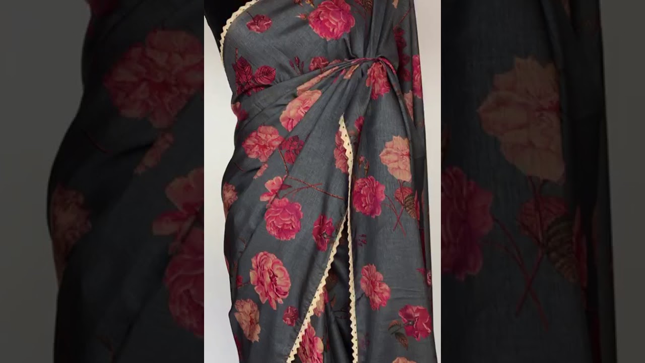 Dark Grey Banarasi Silk Saree with Printed Florals | Mirra Clothing