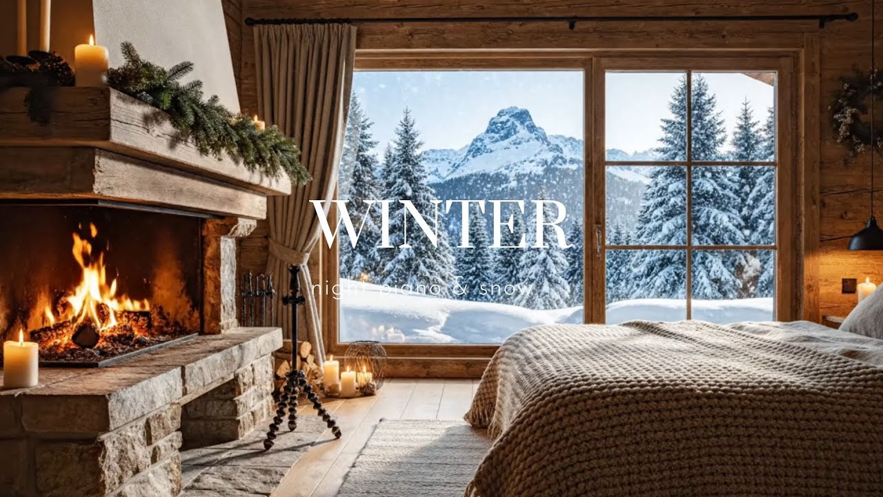 European Snowy Night Inside a Cozy Cabin Fireplace Glow Quiet Winter Ambience