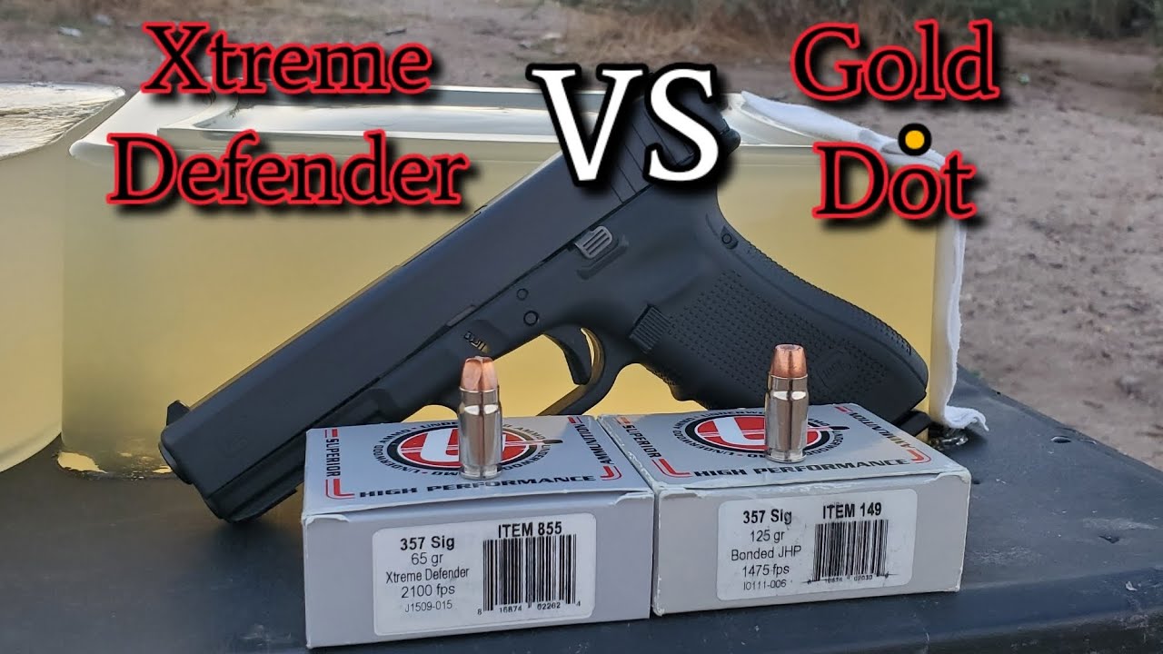Тест патронов 357 sig Underwood (65gr Xtreme Defender против 125gr Gold Dot) в баллистическом геле