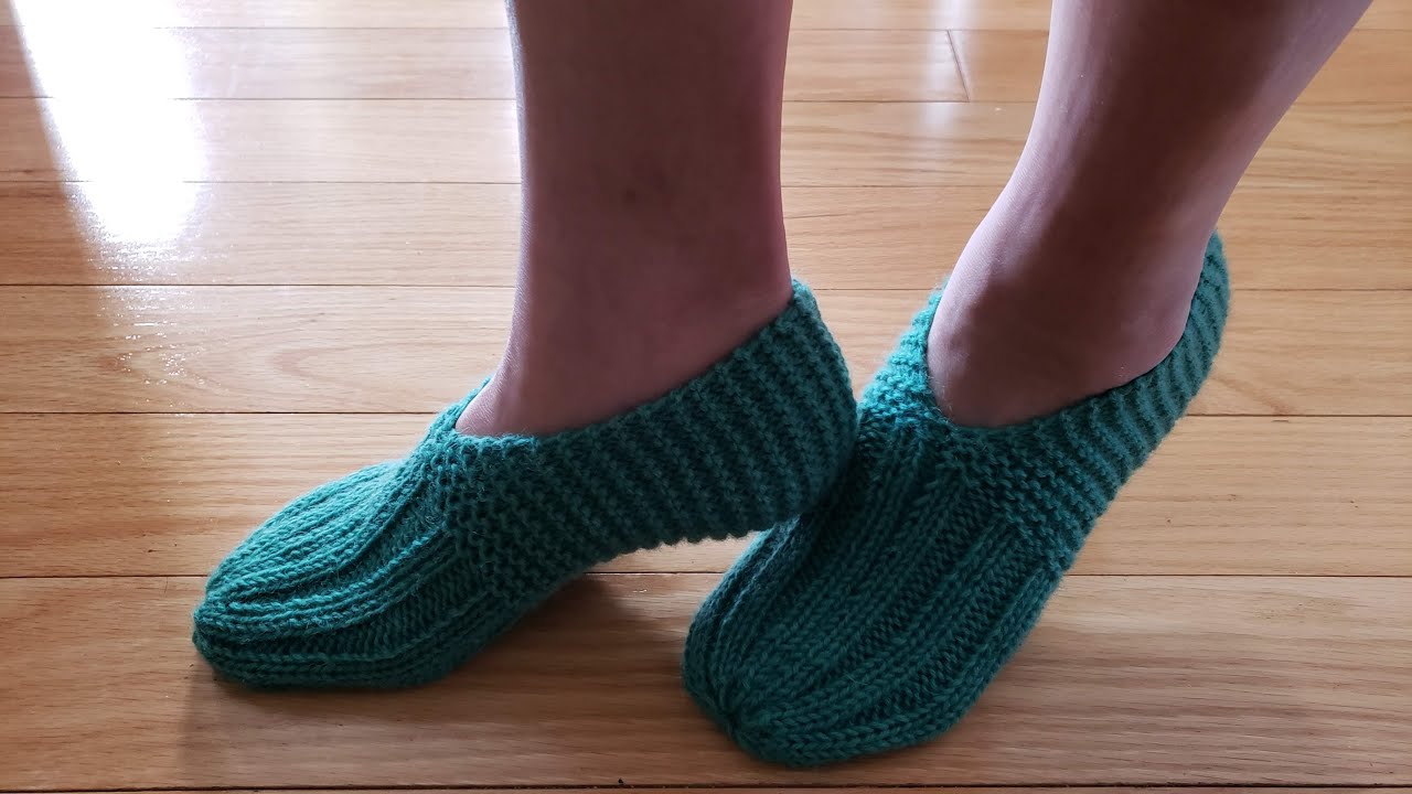 家居毛线鞋 （款式1）-  简单大方， 舒适暖和， 一线编织到底 - how to knit easy and cozy slippers