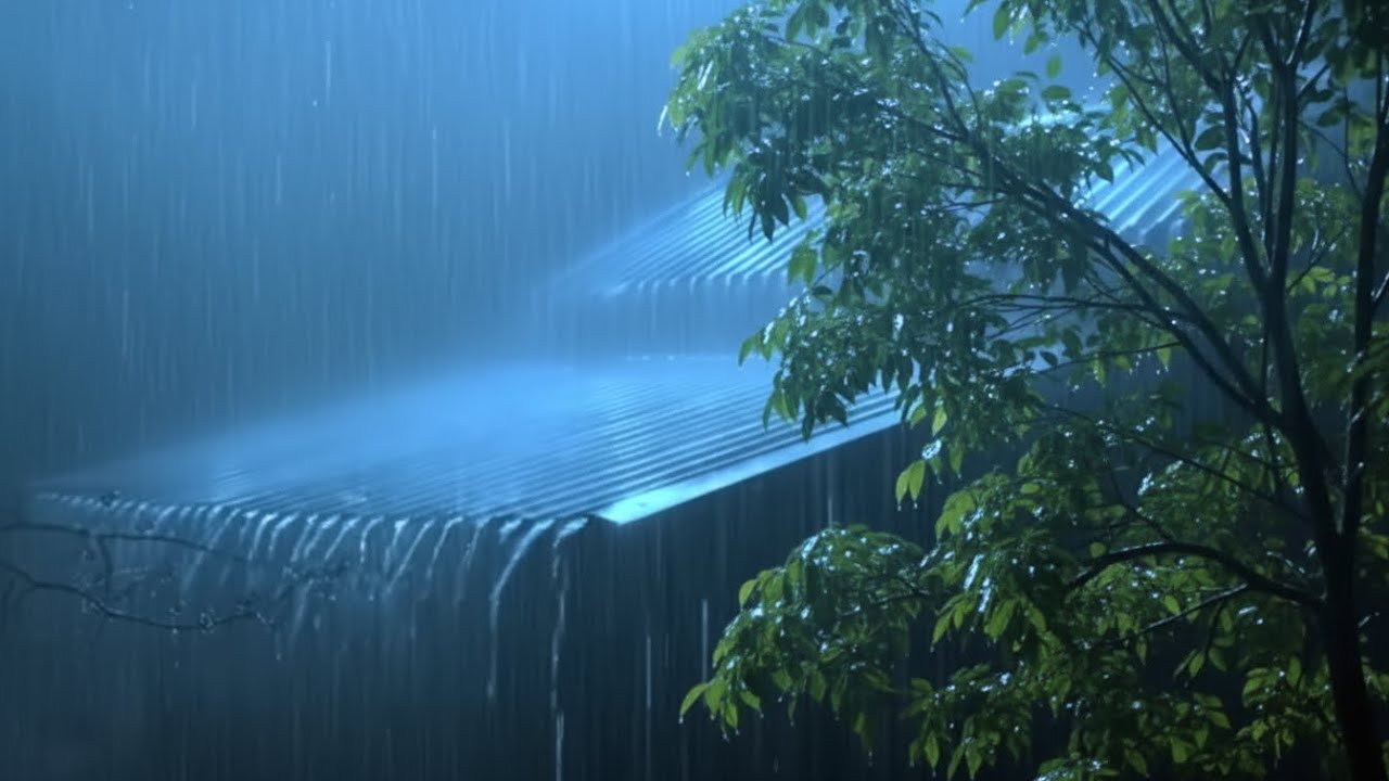 Heavy rainstorm at a garden house with lightning flashes and rumbling thunder, rain sounds for sleep