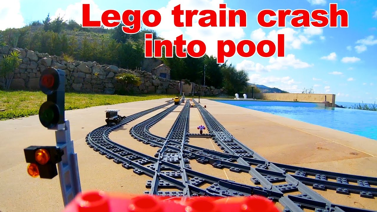 Lego train crash into a swimming pool 