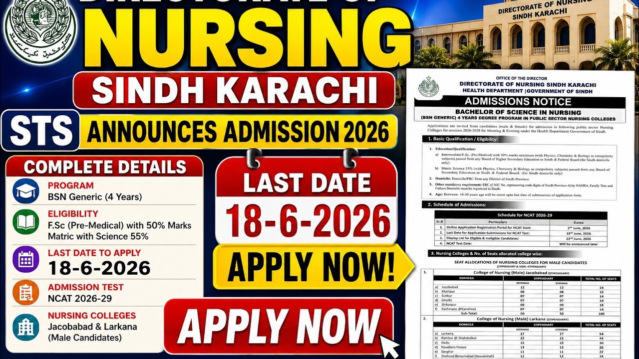 🛑 Dictorate of NURSING Sindh karachi || Admission Open 2026|| STS announced admission|| Detail 