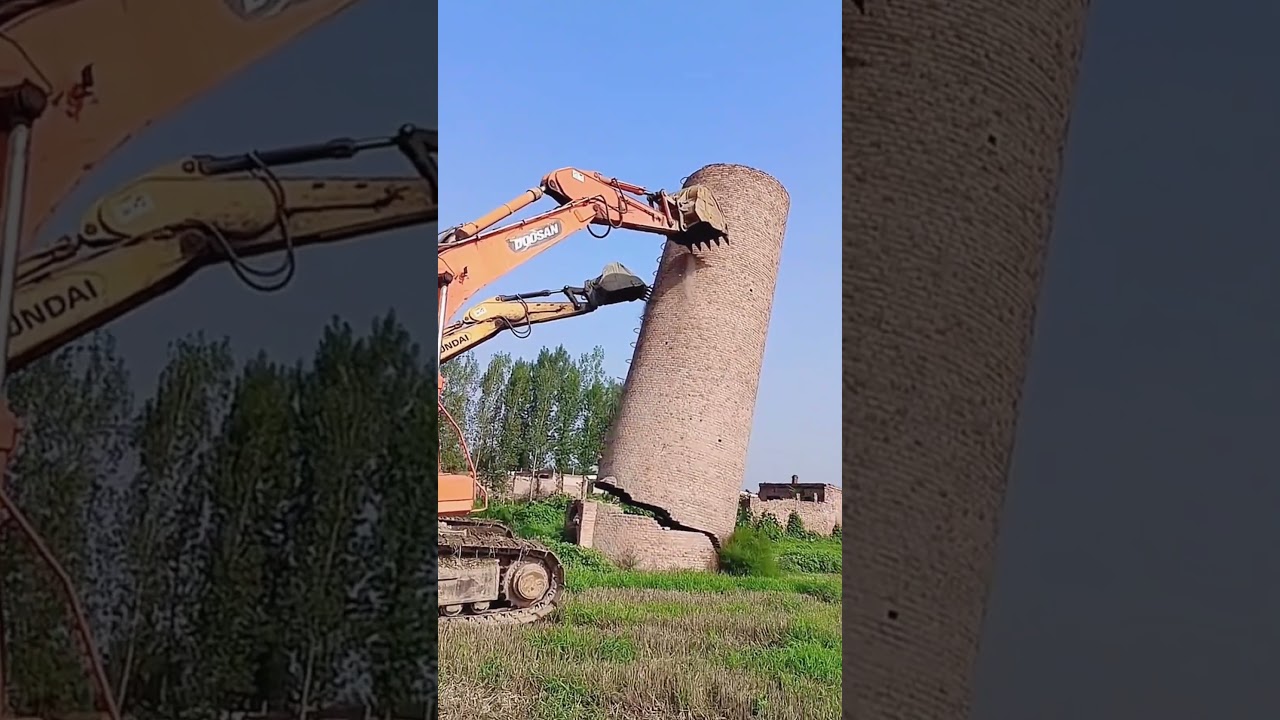 Red brick smoke tower dismantling process