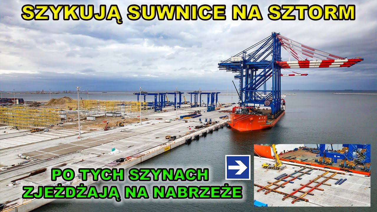 Baltic Hub - szykują suwnice na sztorm.Pokazujemy szyny po jakich suwnice zjeżdżają na nabrzeże.