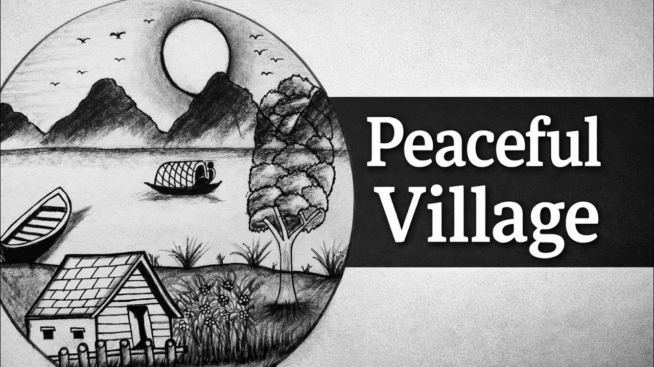 Peaceful Village Scenery Drawing