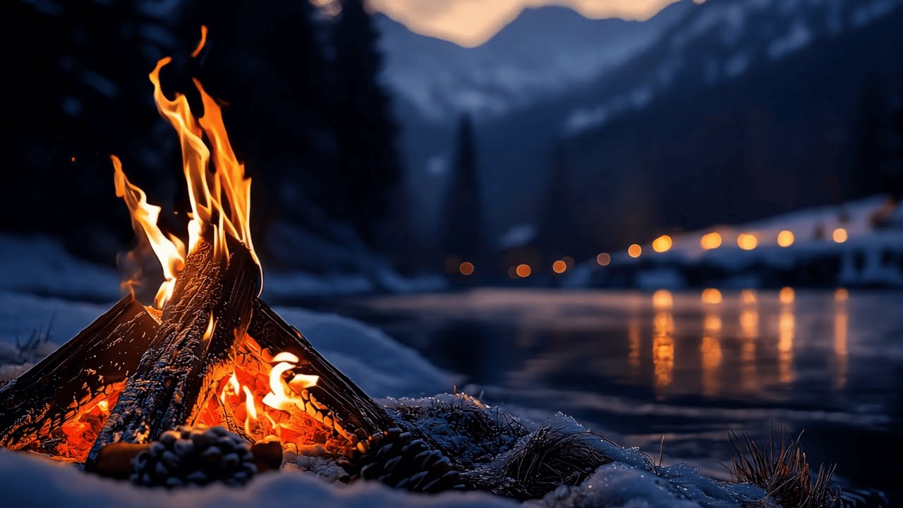 Snowy Forest Serenity 4K🌲❄️ | Cozy Fire & River Sounds for Deep Relaxation ASMR