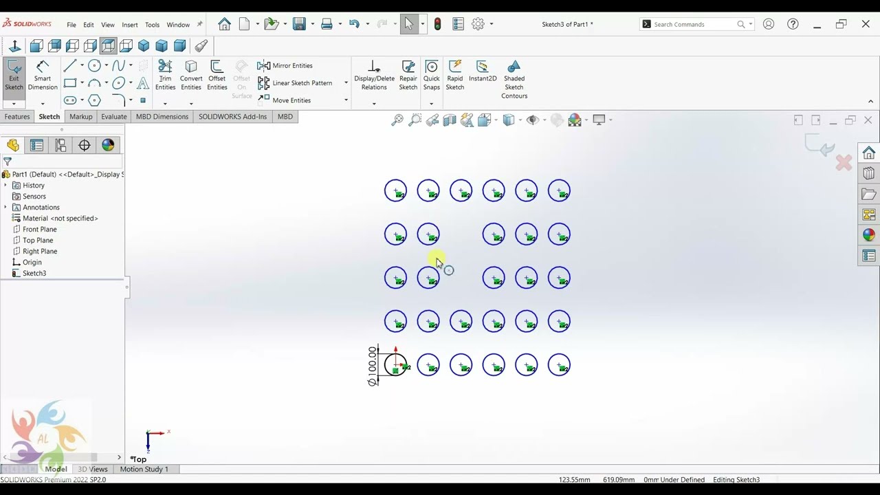 SolidWorks Sketcher Linear Sketch Pattern امر التكرار الخطي في الرسم الثنائي الابعاد