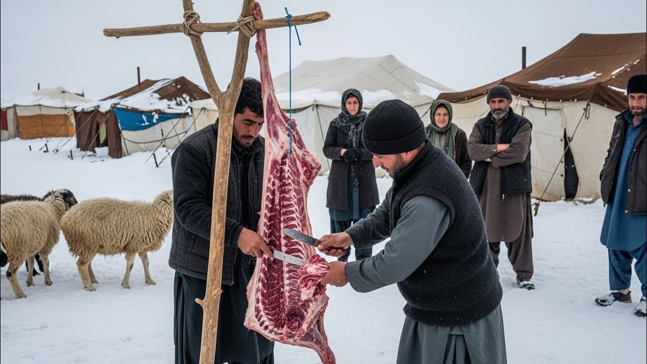 Snowy Afghan Nomad Life – Two Men Preparing Meat in Winter Camp