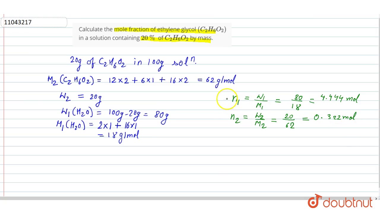 Calculate the mole fraction of ethylene glycol `(C_(2)H_(6)O_(2))` in a solution containing `20%...
