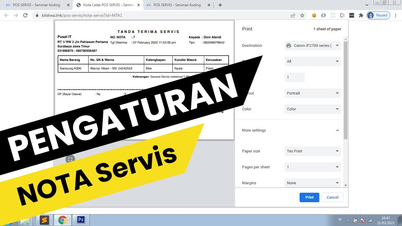 Settings NOTA Servis Hp & Komputer Printer THERMAL, CARTRIDGE,  DOT MATRIX POS SERVIS Seniman Koding