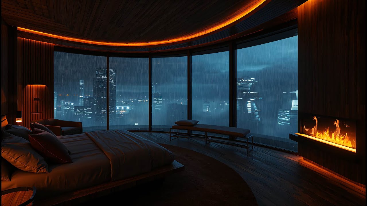 🌧️ Rainy City Night Penthouse | Lluvia Nocturna, Chimenea y Relax Profundo
