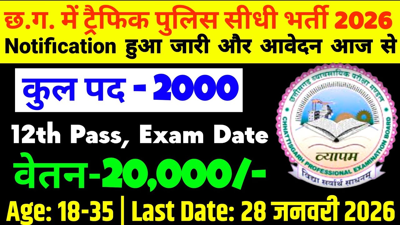 CG Traffic Police Vacancy 2026 || 2000 Govt Jobs || Exam Pattern || Salary || Online Apply Today
