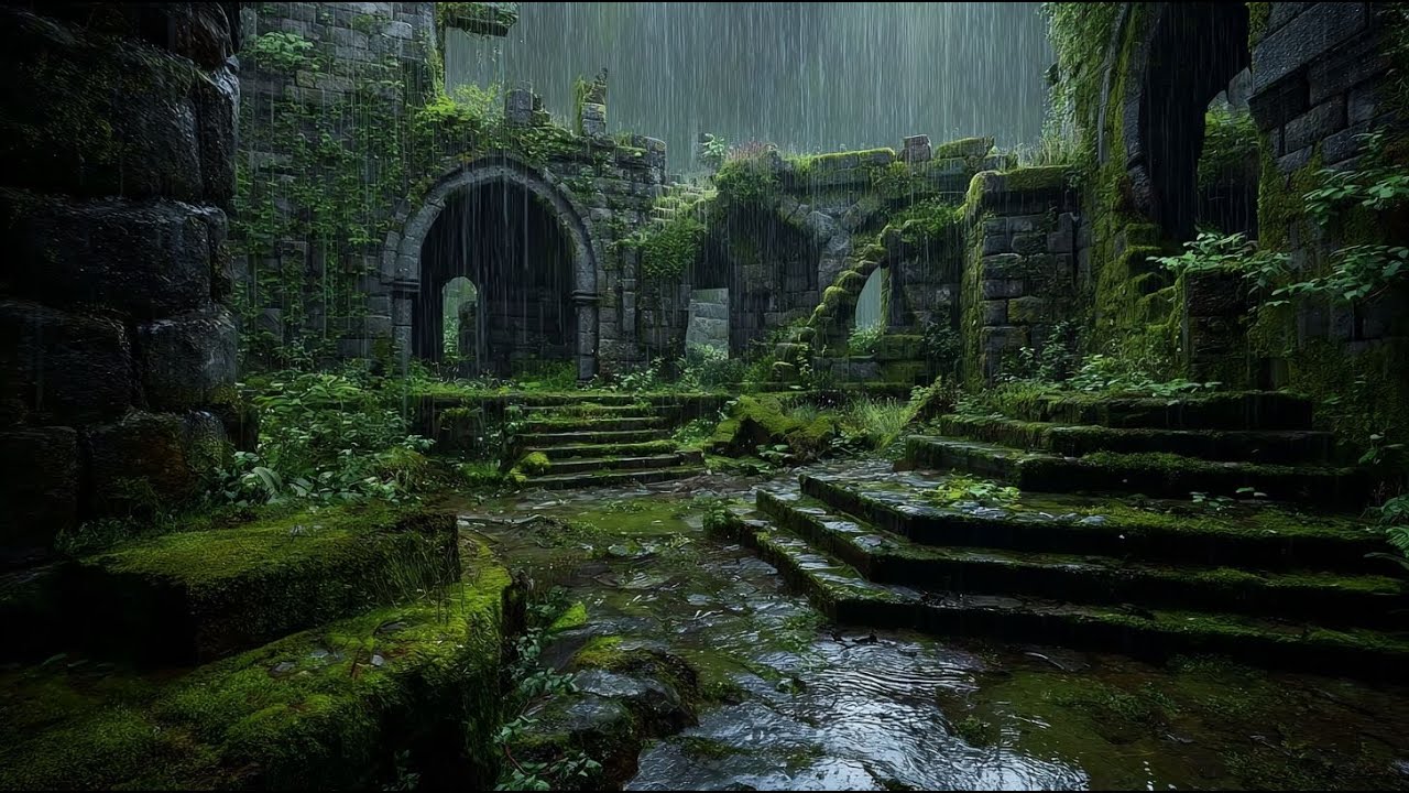 Rainy Medieval Castle Ruins | Mystical Ambience with Rain & Nature Sounds for Sleep & Relaxation