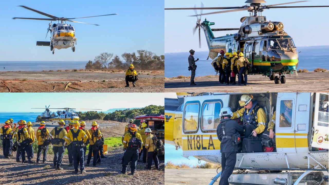 Catalina Island Brush Fire: Multiple Helicopters Transport Firefighters (Catalina Plan)