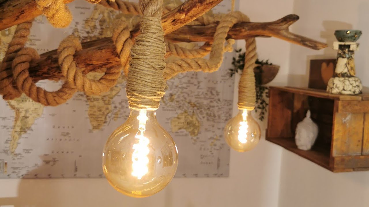 HOW TO MAKE A VINTAGE JUTE ROPE CHANDELIER - STEP BY STEP | Lighting with Rustic Bulbs & Driftwood