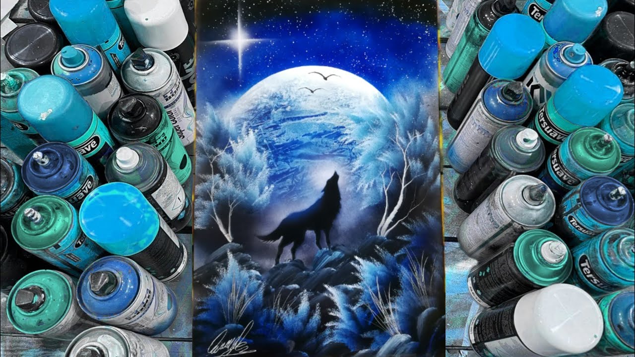 ✅Lobo aullando bajo la luna!!! incre&iacute;ble paisaje azulado...( spray paint 2022)