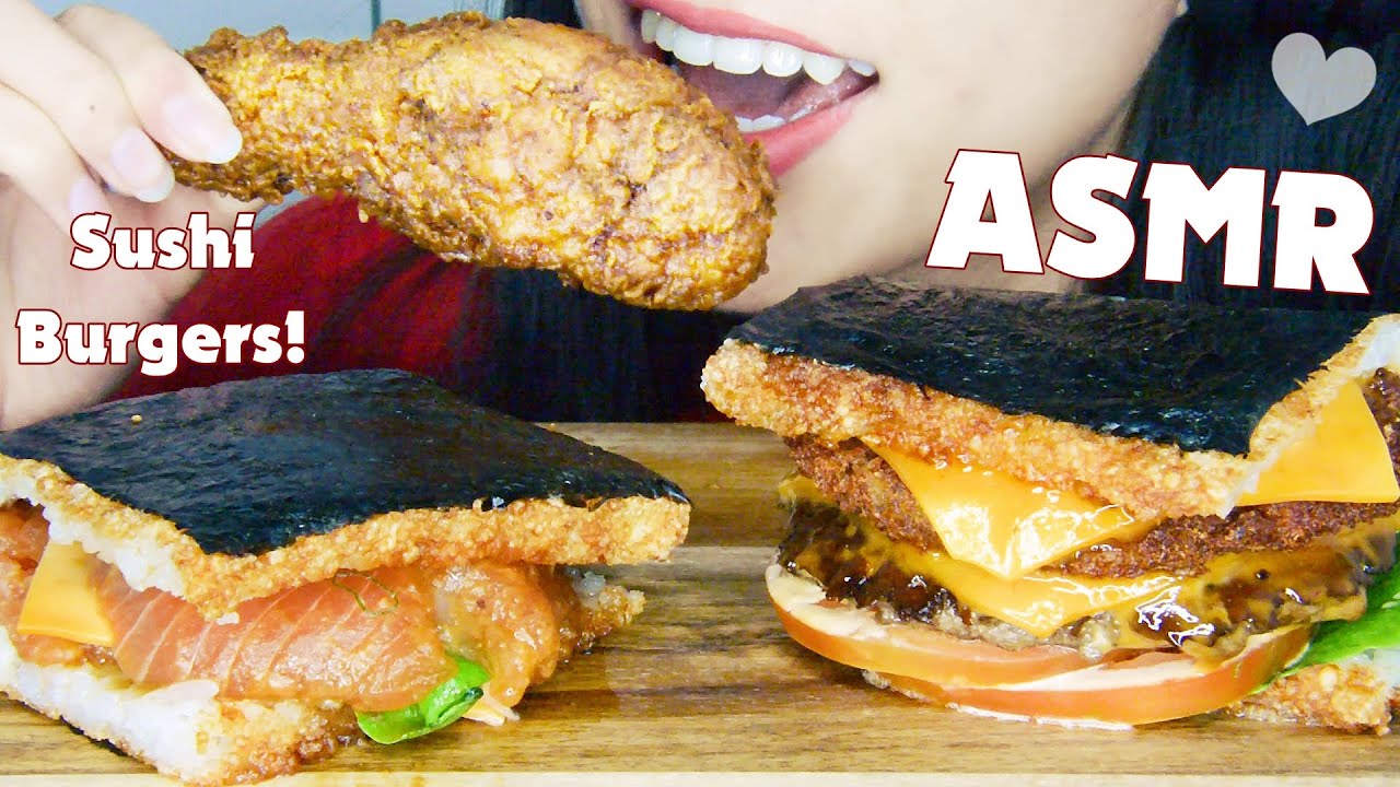 ASMR SUSHI BURGERS [SALMON SASHIMI] + FRIED CHICKEN - EATING SOUNDS (NO TALKING)