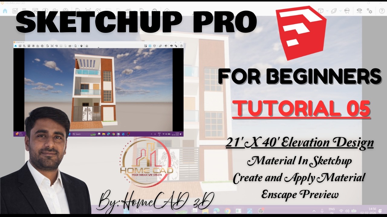 Day 05 - Sketchup 2023 Tutorial  for beginners | 21x40 Ext. Elevation - Material In Sketchup