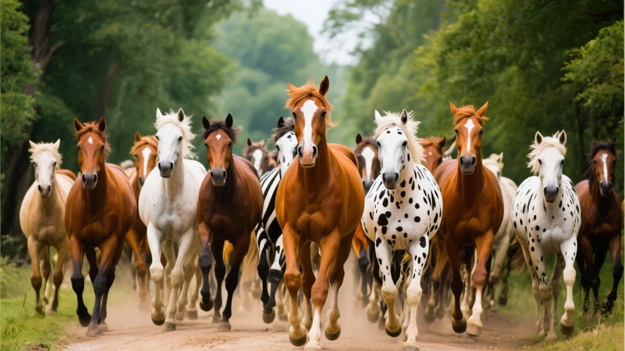 Herd of horses leisurely in the endless green space - Horse neighing - orse video