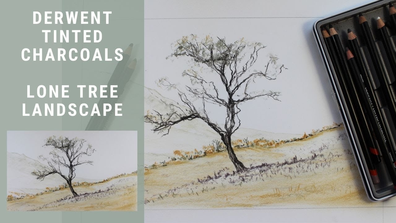 Derwent Tinted Charcoal - Quick lone tree landscape - Distance & Texture