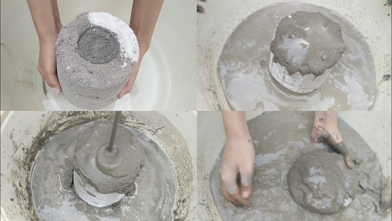 Soft sand buckets with cement crumbles and dipping in water