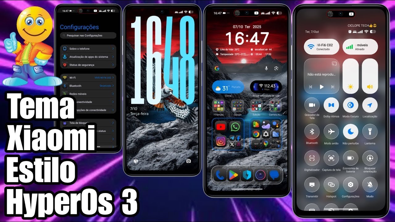 🔥 Melhor Tema Xiaomi Ícones Dark Animados e Centro de Controle Estilo HyperOs 3 @CiclopeTech