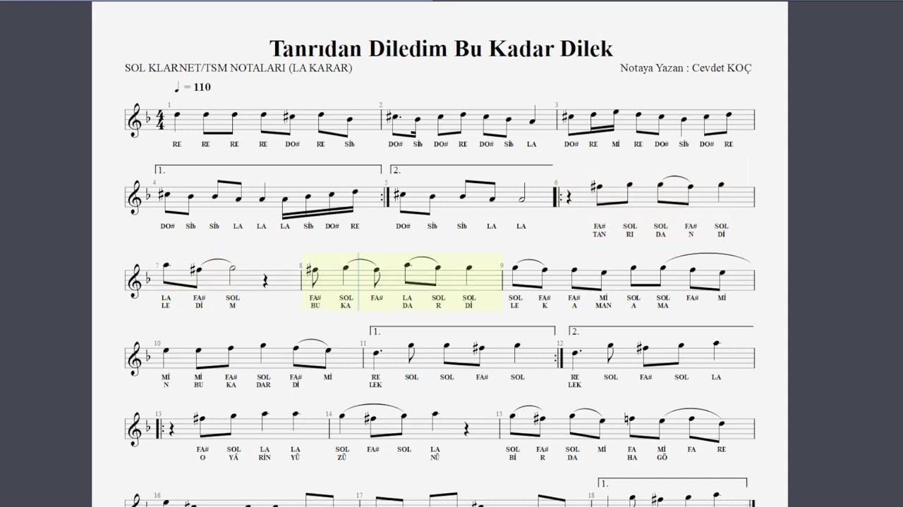 Tanrıdan Diledim Bu Kadar Dilek Nota Solfej