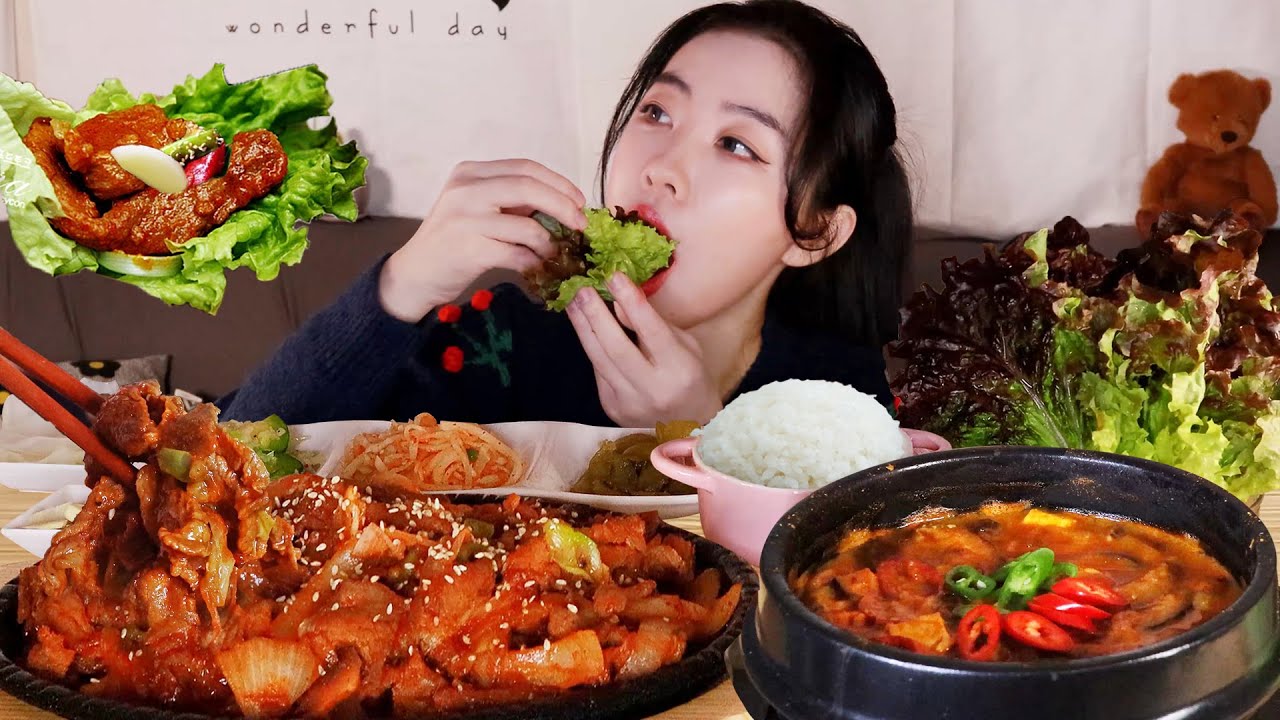 밥도둑🥘짜박한 강된장에 매콤달콤 제육볶음 집밥 먹방Stir-fried Pork, Soy Bean Paste Stew, Ssambap mukbang 味噌チゲ 豚肉炒め