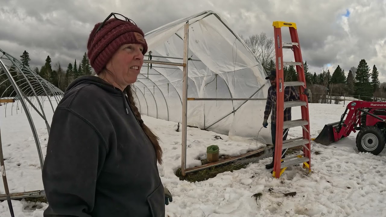 Planting Cucumbers and Zucchini in the Snow and Putting Plastic on the Hoop House