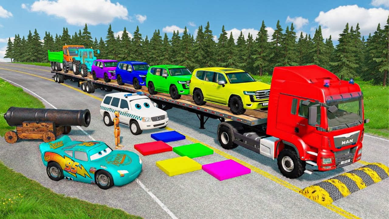 Triple Flatbed Trailer McQueen Transportation with Truck - Speedbumps vs Cars vs Train - BeamNG #8