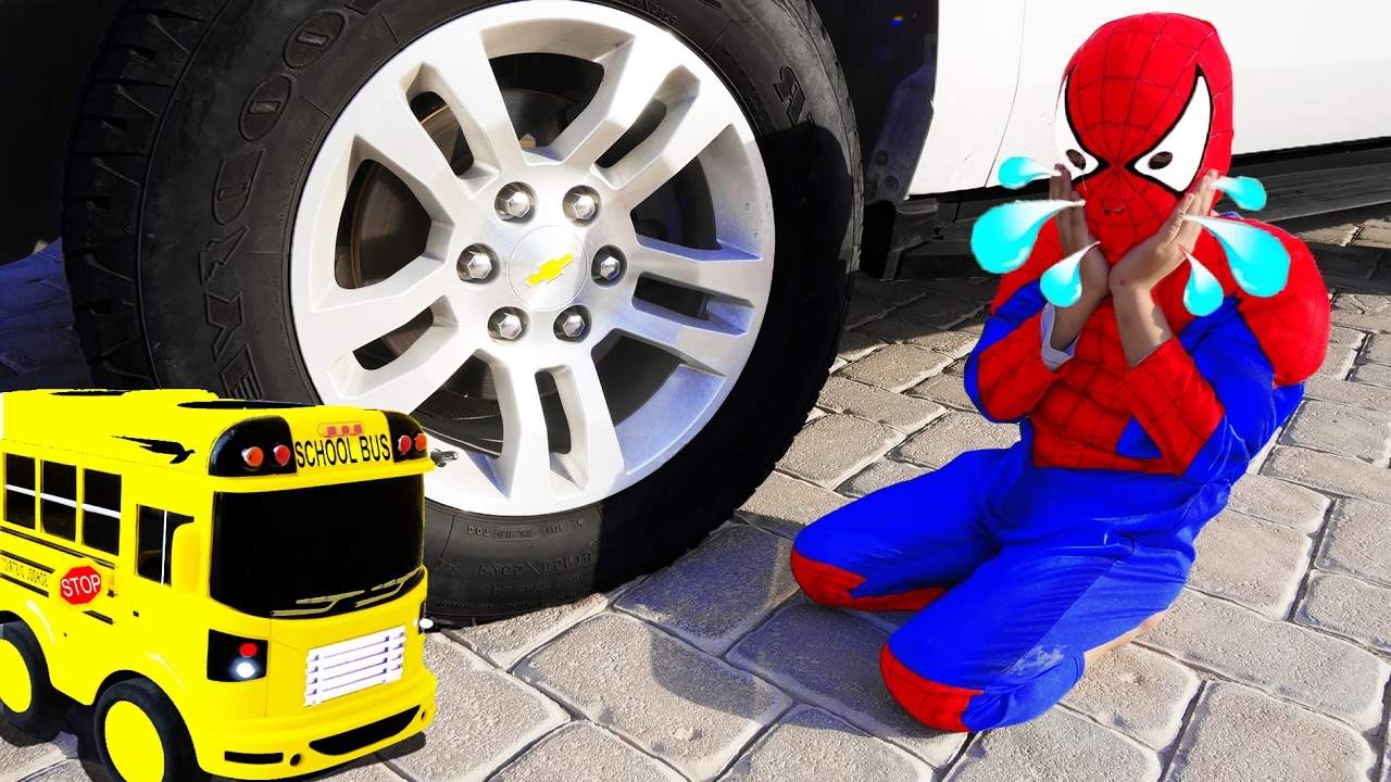 FREAKY Joker RUN OVER SpiderBaby School Bus Toys! w/ Spiderman, Baby Doll Toy & Hulk in Real Life