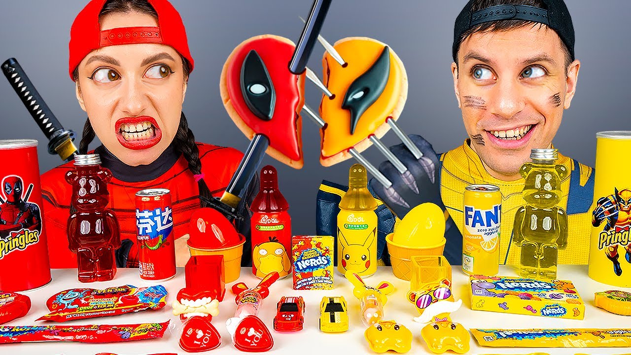 Red Food VS Yellow Food Challenge 검은색 노란색 음식 챌린지 Deadpool vs Wolverine Mukbang by HUBALAND