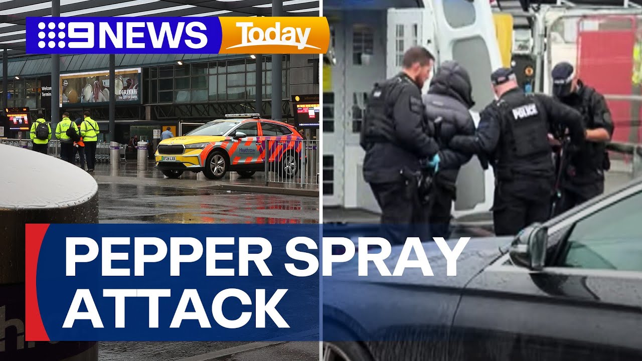 Suspected pepper spray attack at London's Heathrow Airport | 9 News Australia
