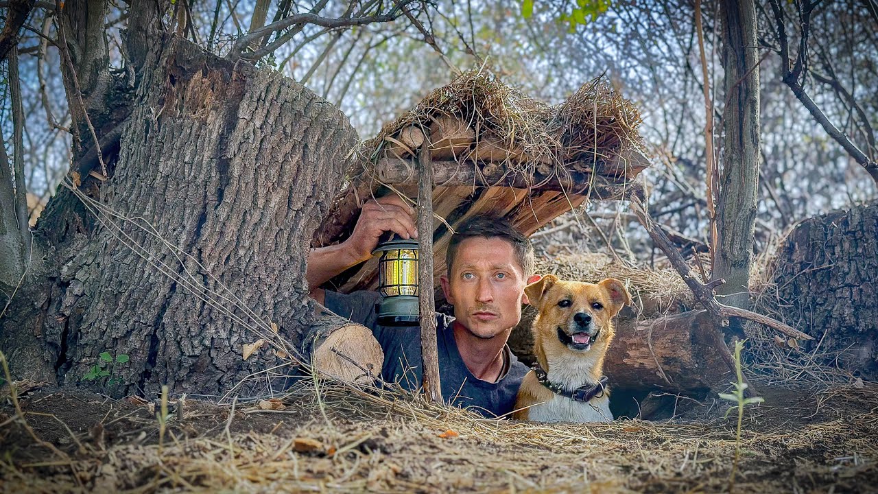 Building a Secret Shelter in an Old Stump.Warm Stove. Bushcraft