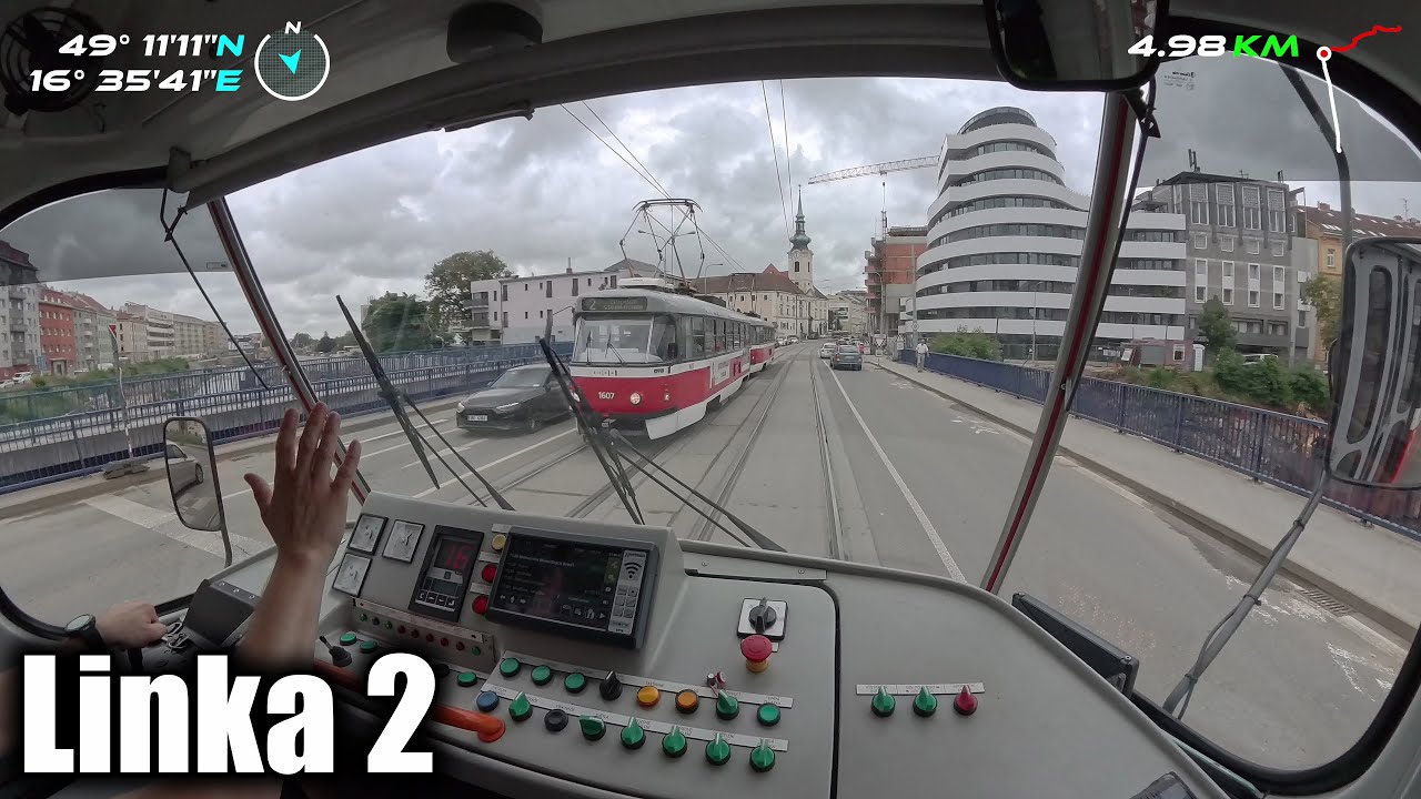 Linka 2 Brno -- Stará osada - Modřice [2x ČKD Tatra T3P] [Tram Cab View]