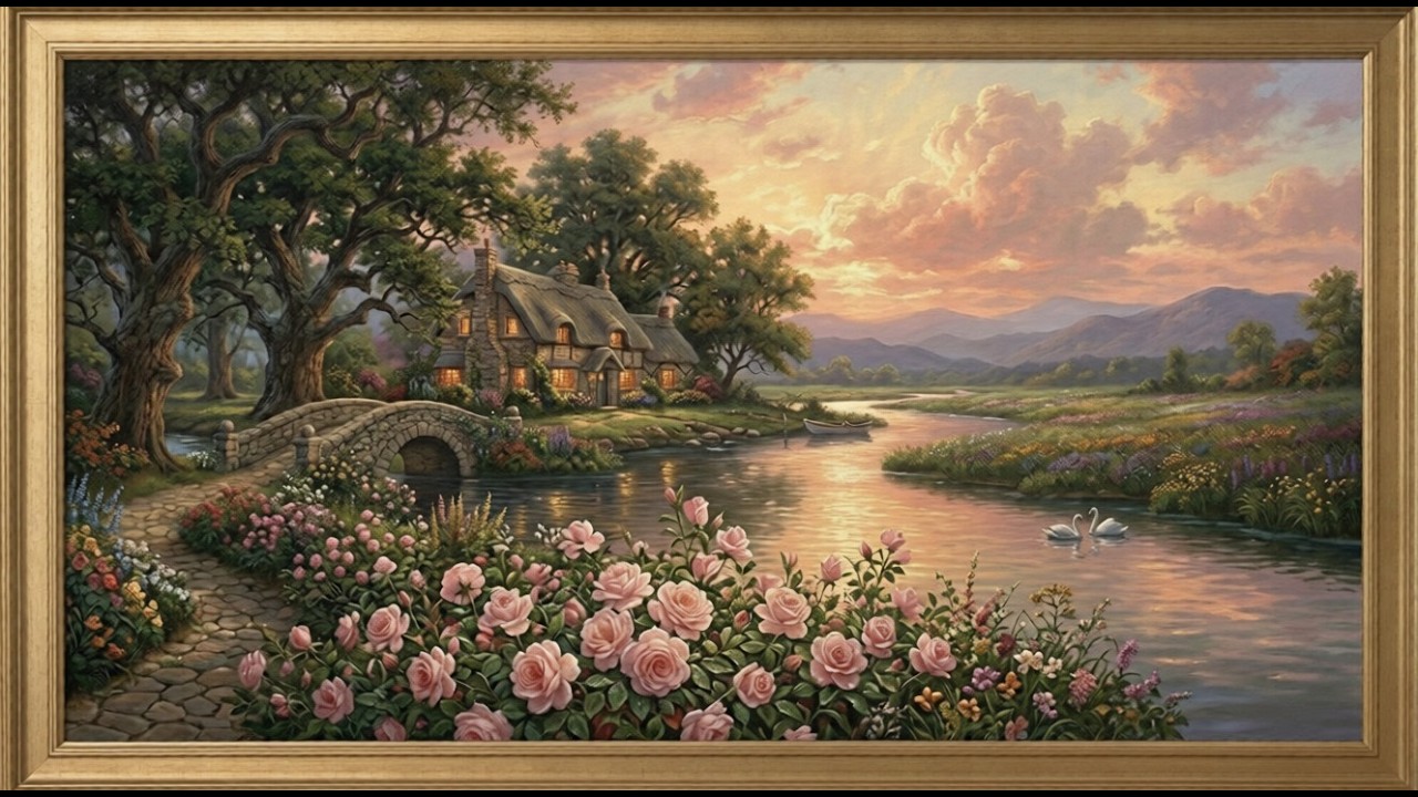 2 Hours of Elegant TV Frame Art in 4K — Gold Frame TV Display - Rose Garden by the River