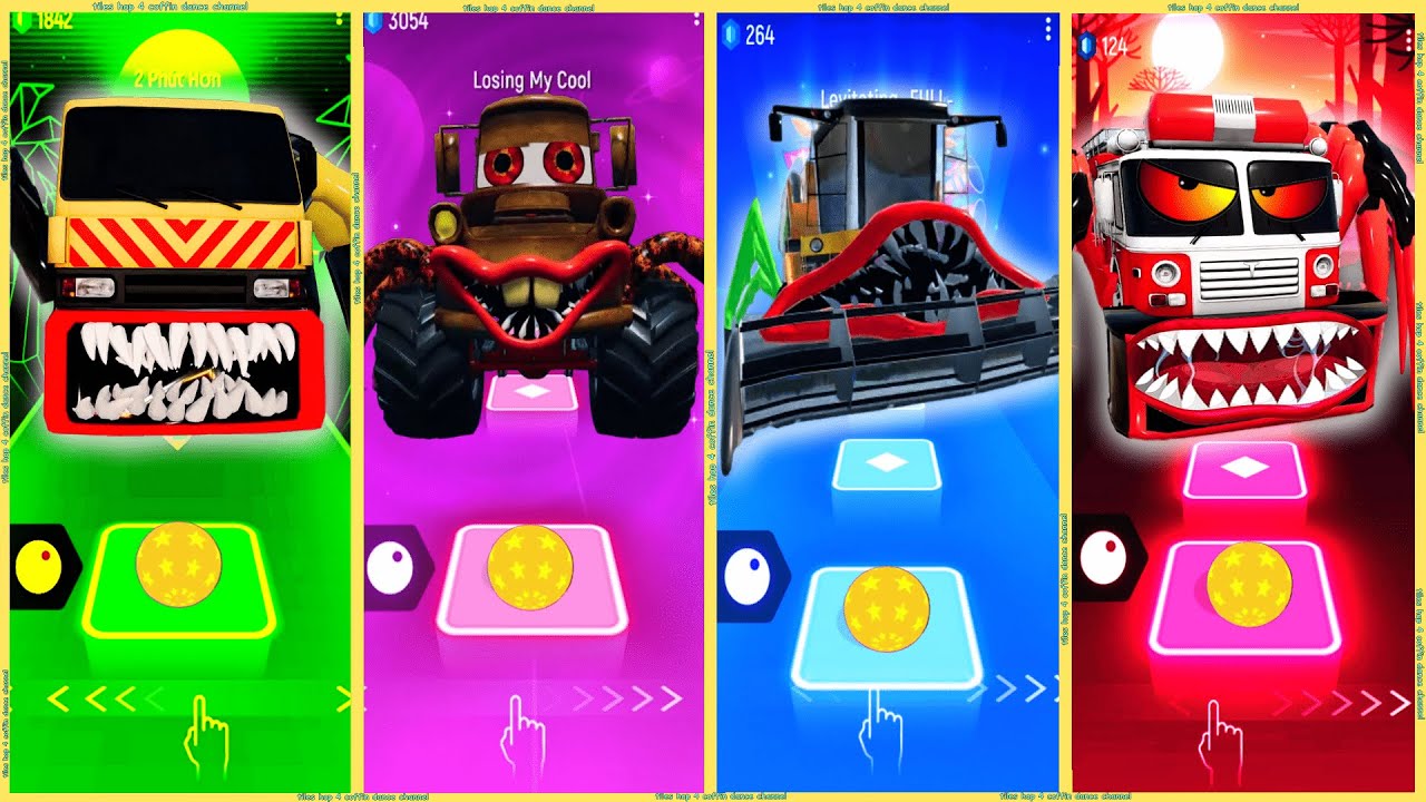 coffin dance - Tow Truck Eater vs Tow Mater Eater vs Crop Harvester vs Fire Truck Eater | Tiles HOP