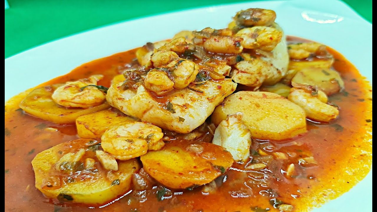 FILETES DE GALLINETA AL CAVA CON GAMBAS Y PATATAS RECETA FACIL SENCILLA RAPIDA DELICIOSA DE PESCADO
