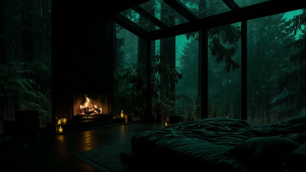 (No Ads) Rainy Forest Glass House & Fireplace • 5 Minutes to Deep Sleep 🌧️🌙Calm Mind & Insomnia Help