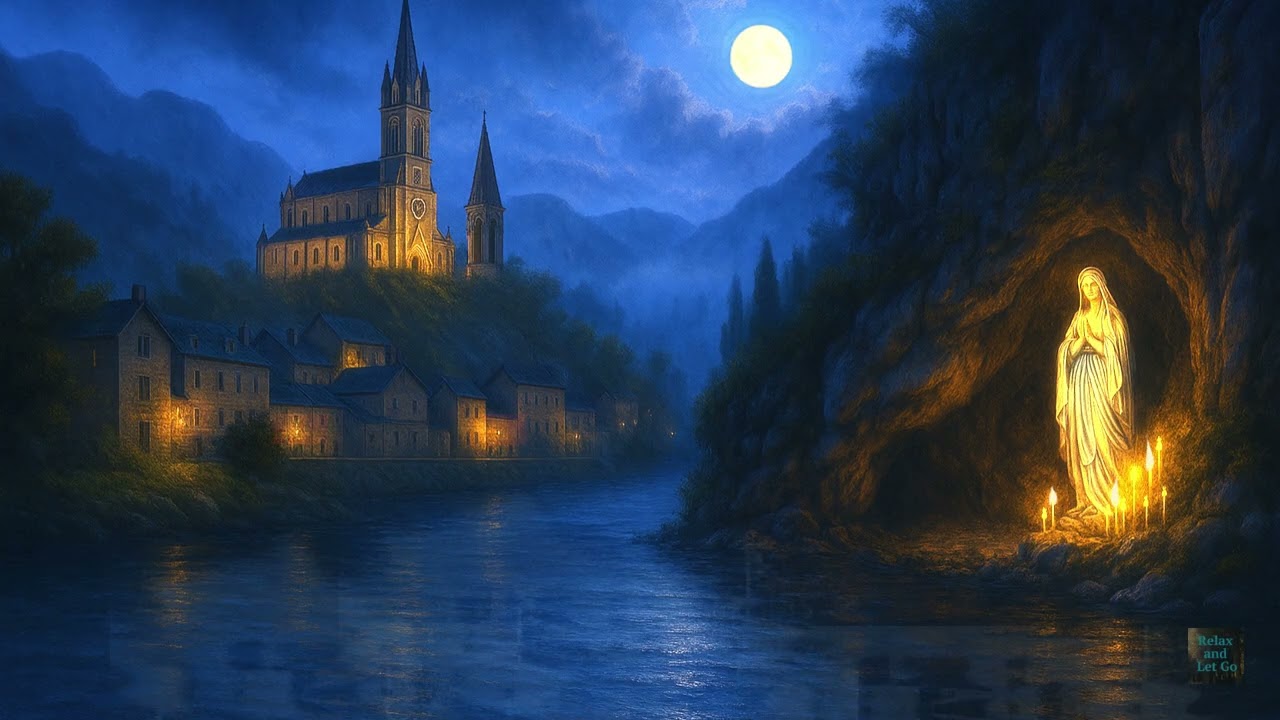 Lourdes Nighttime Ambience 🕯️Healing Grotto, Spring Water & Soft Music for Sleep & Meditation